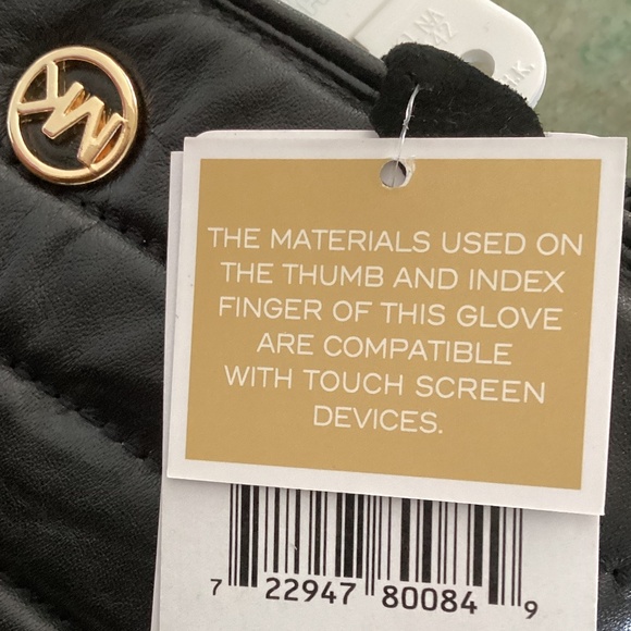 Michael Kors Quilted Leather Tech Gloves Fleece Lined Black Gold MK Logo - Picture 5 of 10